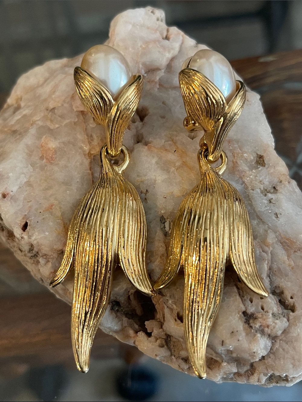 Givenchy Gold-Tone Floral Drop Clip-on Earrings with Pearl Tops